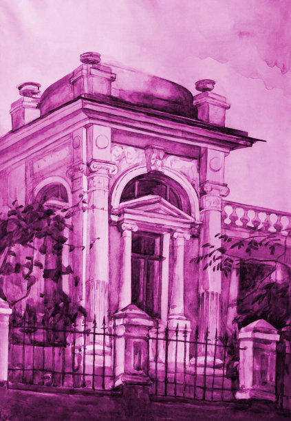 时尚的插图寓言现代艺术印象派绘画垂直古典建筑景观我的原画与粉红色水彩在纸上一个古典风格的历史建筑与装饰灰泥窗户的圆顶图片下载