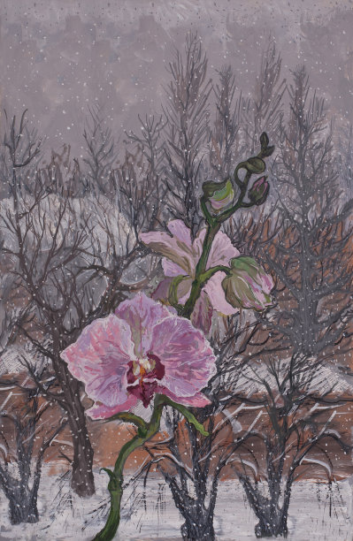 时尚的情人节冬季插图现代艺术作品在印象主义风格的油画我的原始油画在画布上垂直的冬天寒冷的雪景窗外和盛开的粉红色兰花在温暖的窗户上的房子图片下载