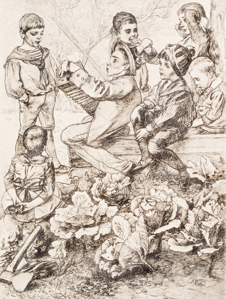 1890年，孩子们在乡村场景中演奏音乐图片下载