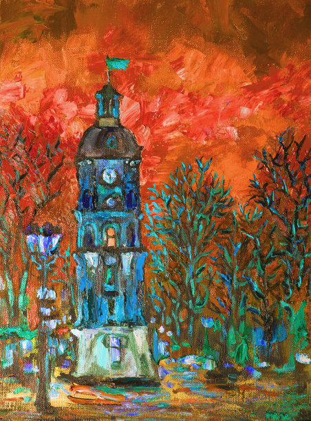 时尚插画原作者油画在画布上垂直建筑景观城市街道夜晚灯光和日落图片下载