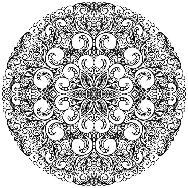 绘制的东方曼荼罗与花卉装饰在白色背景着色，矢量着色页图片下载