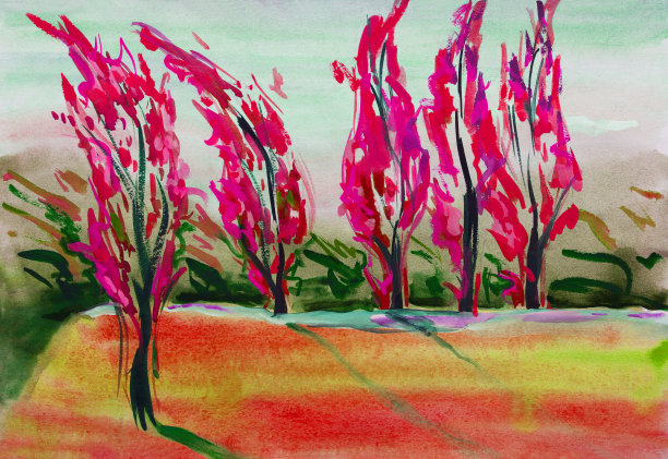 时尚的插画寓言的秋天现代艺术原画水彩水平风景印象派脸红的树木和脸红的绿色草坪太阳和风在杨树图片下载