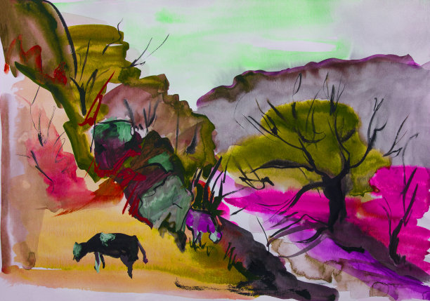 时尚的插画秋天的寓言现代艺术作品印象派绘画与水彩画在纸上画水平的象征性的风景在复古风格的山坡黄色的草和树木，牧场放牧奶牛对着天空图片下载