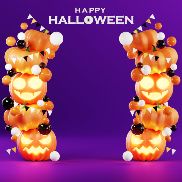 3d渲染插图设计万圣节横幅与南瓜，十字架，头骨，蜡烛，糖果，赠品盒，背景上的坟墓。图片下载
