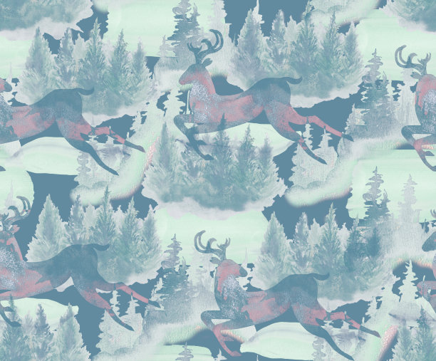 鹿在云杉林中奔跑。无缝图案手绘水彩。股票插图图片下载