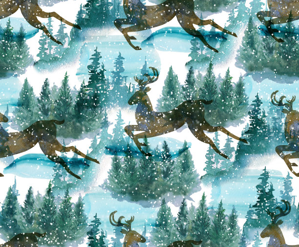 鹿在云杉林中奔跑。无缝图案手绘水彩。股票插图图片下载