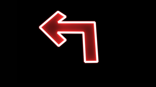 交通红色霓虹灯，左转，现代扁平简单的箭头孤立。向下箭头标志。方向交通标志。导航的概念。矢量图图片下载