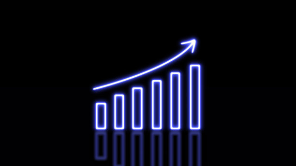 蓝色霓虹灯上升箭头在业务图黑色，上升图表，箭头向上。未来提升箭头图数字化转型抽象技术背景。矢量图图片下载