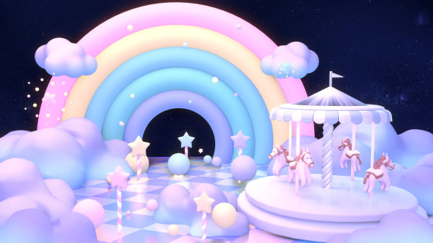 带旋转木马的魔幻彩虹乐园图片下载