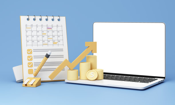 笔记本电脑空白显示，数字技术钱包和信用卡。购物手机应用，金箭和金币。现金返还和银行业务。模拟空屏幕复制空间，蓝色背景。三维渲染图片下载