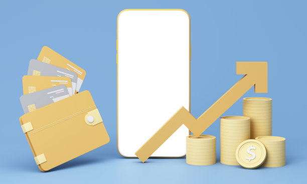 智能手机空白显示屏，数码科技钱包和信用卡。购物手机应用，金箭和金币。现金返还和银行业务。模拟空屏幕复制空间，蓝色背景。三维渲染图片下载