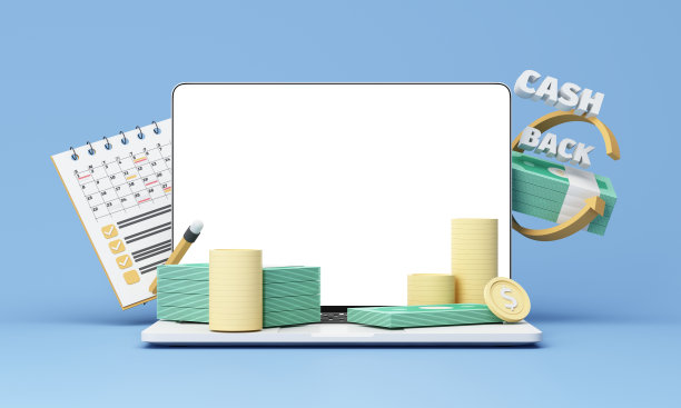 笔记本电脑空白显示，数字技术钱包和信用卡。购物手机应用，金箭和金币。现金返还和银行业务。模拟空屏幕复制空间，蓝色背景。三维渲染图片下载