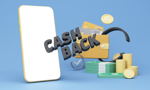 智能手机空白显示屏，数码科技钱包和信用卡。购物手机应用，金箭和金币。现金返还和银行业务。模拟空屏幕复制空间，蓝色背景。三维渲染图片下载