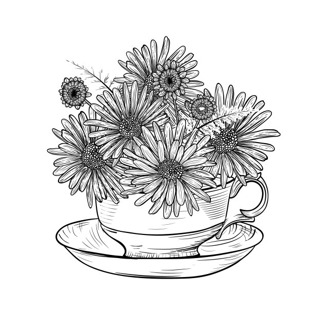 手绘茶杯与花在一个透明的背景图片下载