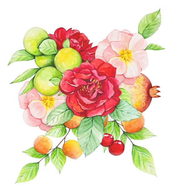 果香，石榴，红玫瑰，橙子，桃子。水彩图片下载