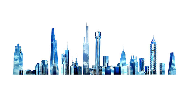 美丽的城市全景与摩天大楼，办公大楼与蓝天的反射。3D渲染图图片下载