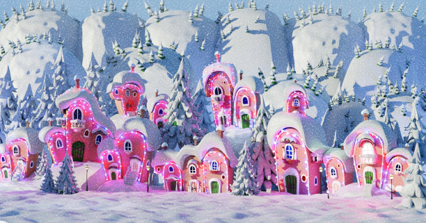 美丽的圣诞村覆盖着白雪和装饰的彩灯。圣诞如意，新年如意。图片下载