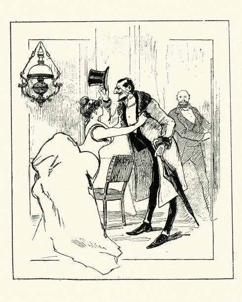 一个女人在晚宴上问候一个男人，这是19世纪维多利亚时代的一幅漫画图片下载