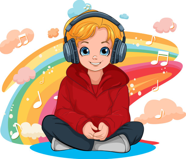 男孩坐在地板上听音乐图片下载