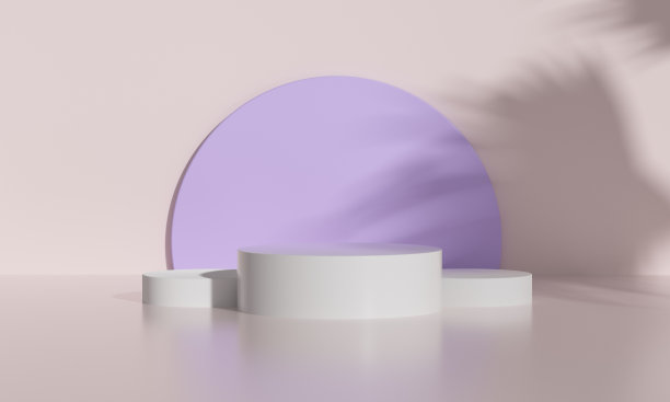 讲台与自然光和棕榈树的阴影，在粉红色的背景和紫色的圆形面板。时尚产品展示场景。空的讲台。3 d渲染。图片下载