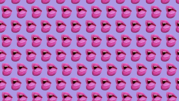 时尚的彩色重复图案的女性嘴唇或嘴在粉红色的背景。图片下载