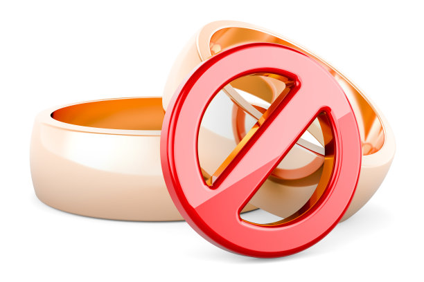 带有禁酒令标志的金色结婚戒指。三维渲染图片下载