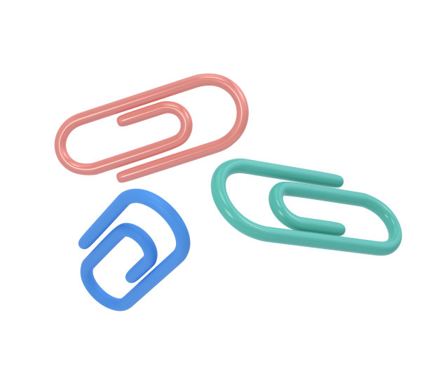 三个剪辑3d图标学校。纸张和文件的体积测量工具。蓝色，粉红色和绿色的坚固支架附加图纸和草图。订书钉，用于办公和家庭配件的固定装订图片下载