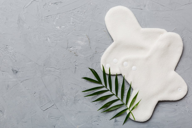 瘦削的绿叶女性卫生巾。月经不来的妇女。女性更年期的最小概念。复制空间俯视图图片下载