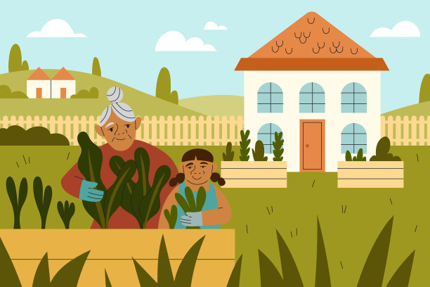 一位祖母教小孙女在农村的家庭菜园里帮忙种菜图片下载