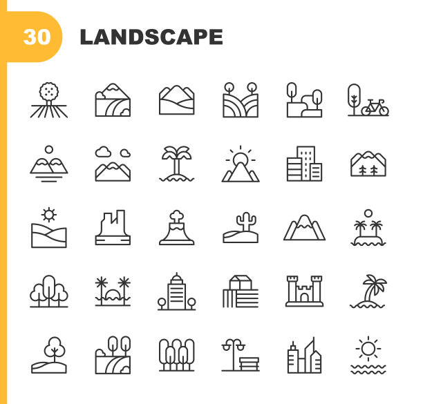 风景线图标。可编辑的中风。像素完美。移动和Web。包含这样的图标，海滩，城市，乡村，沙漠，环境，森林，徒步旅行，岛屿，景观，山，自然，户外，公园，夏天，太阳，树，假期，火山图片下载