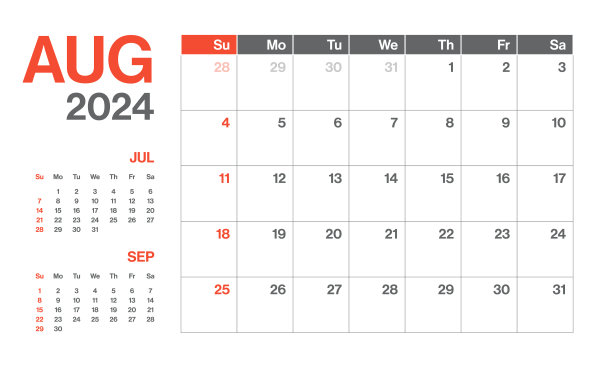 2024年8月-每月季度日历。极简风格的景观水平日历2024年。向量模板。这一周从星期一开始图片下载