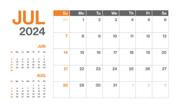 2024年7月-每月季度日历。极简风格的景观水平日历2024年。向量模板。这一周从星期一开始图片下载