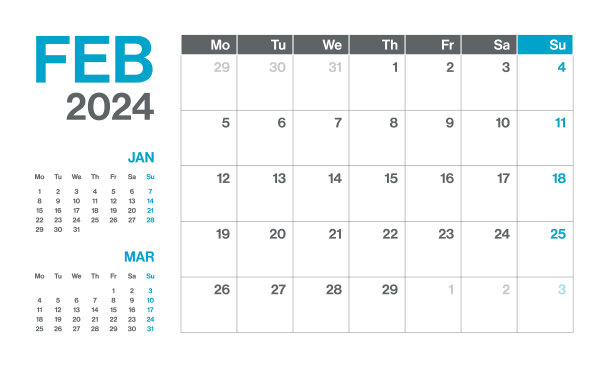 2024年2月-每月季度日历。极简风格的景观水平日历2024年。向量模板。这一周从星期一开始图片下载