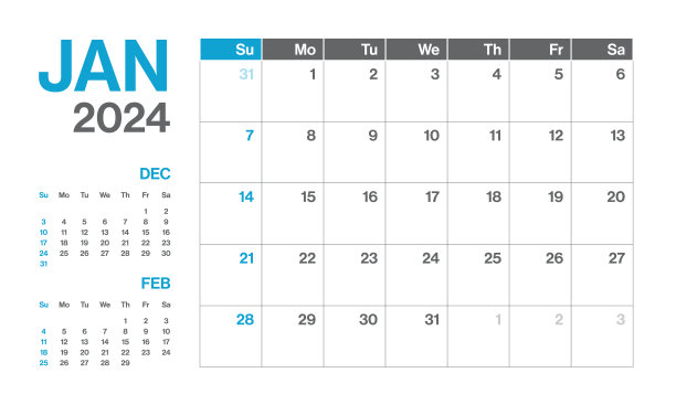 2024年1月-每月季度日历。极简风格的景观水平日历2024年。向量模板。这一周从星期一开始图片下载