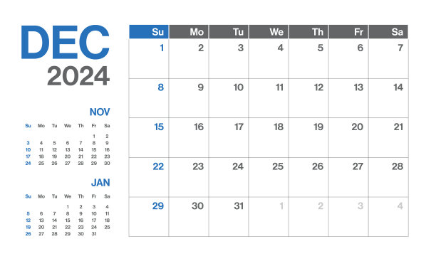 2024年12月-每月季度日历。极简风格的景观水平日历2024年。向量模板。这一周从星期一开始图片下载