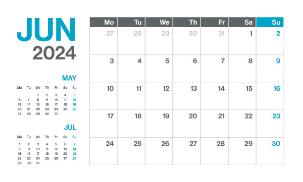 2024年6月-每月季度日历。极简风格的景观水平日历2024年。向量模板。这一周从星期一开始图片下载