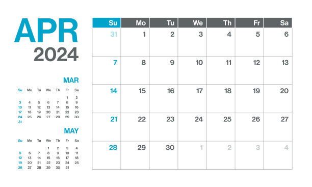 2024年4月-每月季度日历。极简风格的景观水平日历2024年。向量模板。这一周从星期一开始图片下载