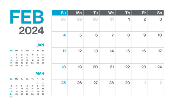 2024年2月-每月季度日历。极简风格的景观水平日历2024年。向量模板。这一周从星期一开始图片下载