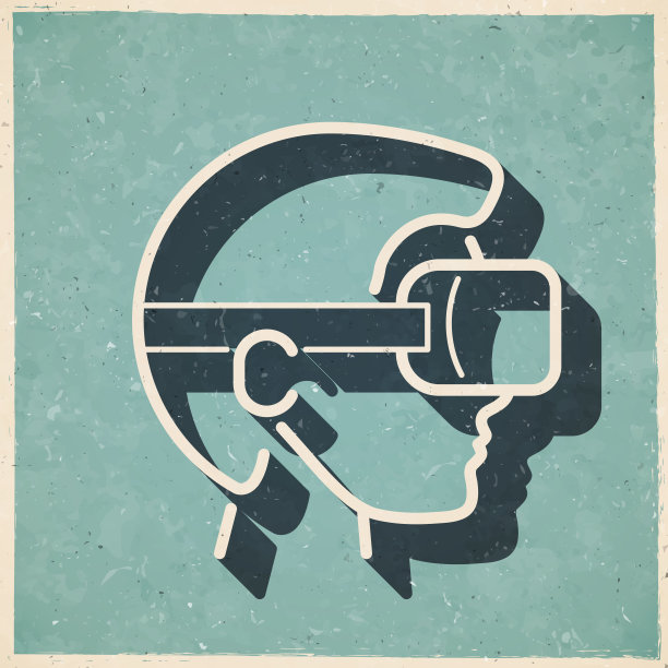 戴着VR头显的人-虚拟现实。图标复古复古风格-旧纹理纸图片下载