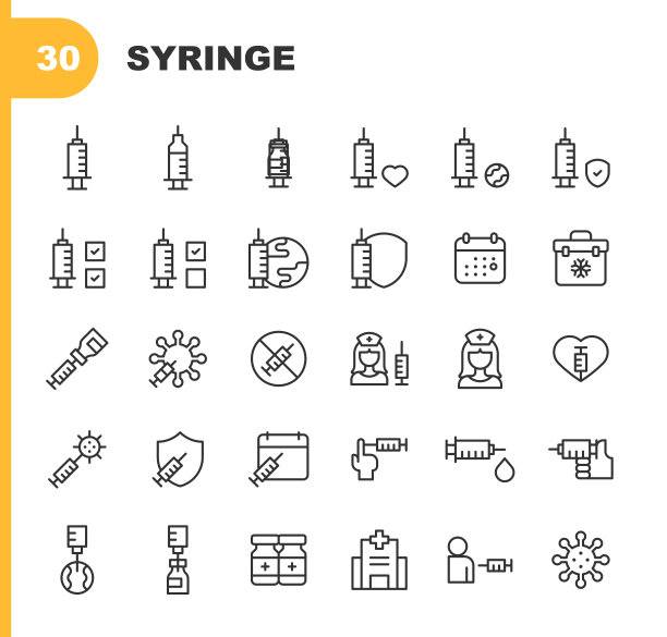注射器线路图标。可编辑的中风。包含诸如预约，冠状病毒，护照，Covid-19，医生，健康，医疗保健，医院，免疫，体检，医学，护士，护照，药房，注射器，疫苗接种，疫苗接种率，疫苗等图标。图片下载