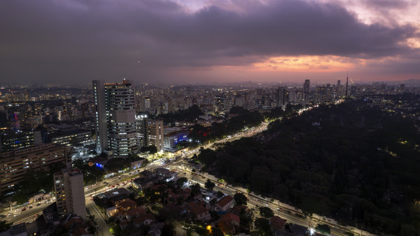 圣保罗市圣保罗大道鸟瞰图。圣保罗市主要大街。照片在晚上，与汽车灯图片下载