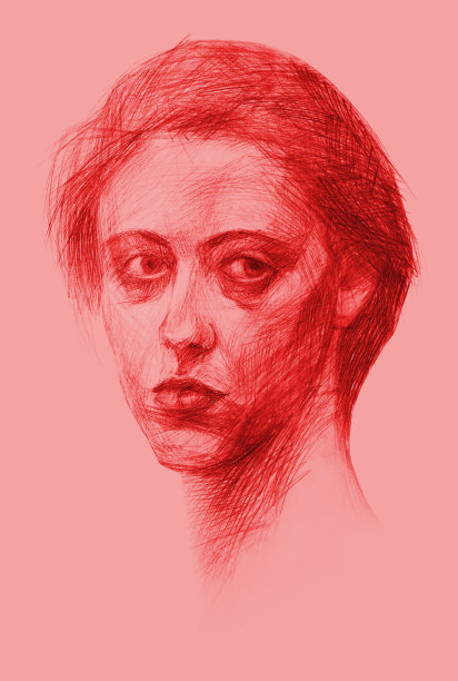 红色长发女孩铅笔肖像插画图片下载