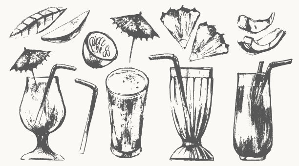 手绘夏季冰沙鸡尾酒杯和配料海报图片下载