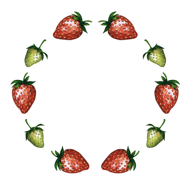 草莓花环，圆形框架与红色和绿色的浆果，手绘水彩插图。理想的模板标志，横幅，贺卡，邀请或菜单设计。图片下载
