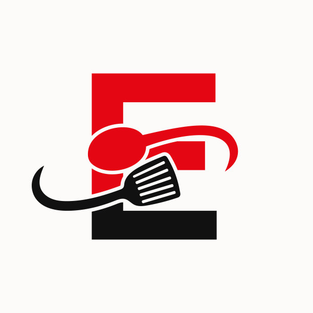 字母E餐厅标志结合锅铲和勺子图标图片下载