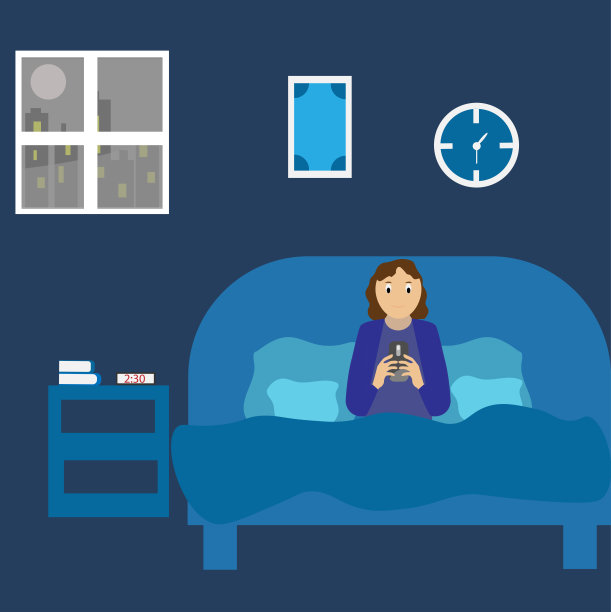 年轻女子躺在床上的毯子下看智能手机。用手机上网。图片下载