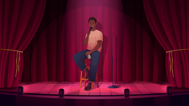 喜剧表演，站起来，打开麦克风活动与年轻的喜剧演员在舞台上的红色窗帘图片下载