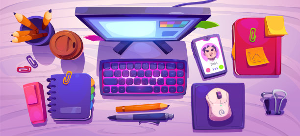 办公桌的俯视图，有电脑的工作场所图片下载