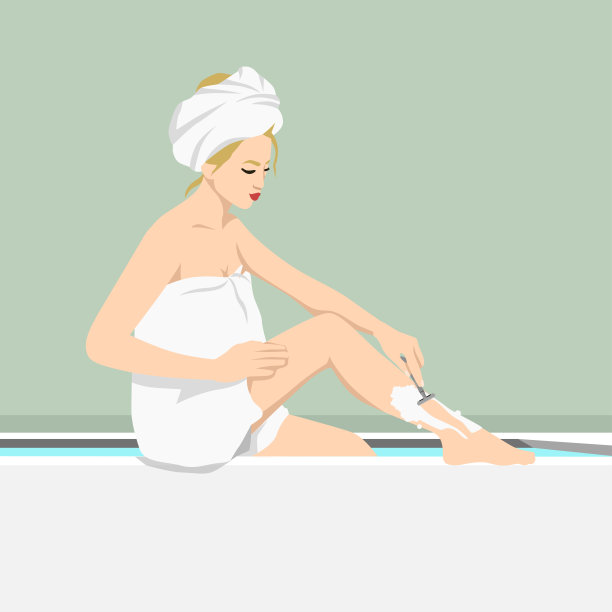 美容、护肤、脱毛的概念。年轻开朗的女子在身上和头上用毛巾做脱毛。护肤品使人美丽。快乐女孩在浴室刮腿毛。简单平面矢量图片下载