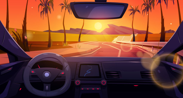 日落道路与内部汽车仪表板视图矢量图片下载